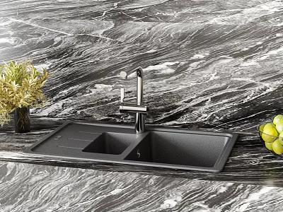 Black Double Bowl Kitchen Sink With Modern Faucet On Marble Countertop And Green Plants Grapes 3d model
