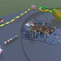 Kids Play Area With Colorful Slides Water Play Equipment Nets And Shade Umbrellas
