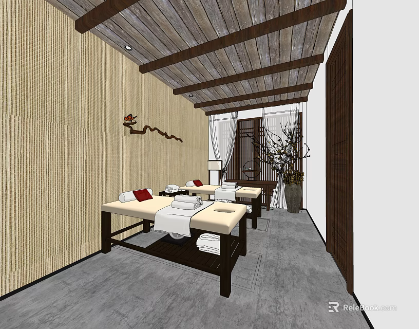 SPA Sauna Interior With Bamboo Walls Wooden Ceiling Massage Beds And Decorative Wall Art 3d model 