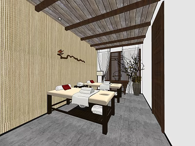 SPA Sauna Interior With Bamboo Walls Wooden Ceiling Massage Beds And Decorative Wall Art 3d model
