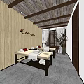 SPA Sauna Interior With Bamboo Walls Wooden Ceiling Massage Beds And Decorative Wall Art