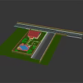 Residential Yard Layout With Green Lawn Red Roof House Blue Pool Driveway And Road