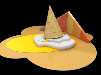 3D Model Featuring Wooden Cone Colorful Geometric Shapes Yellow Area And White Base 3d model