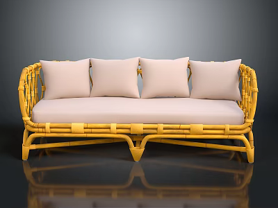 Yellow Rattan Sofa With Four Light Colored Cushions Modern Natural Design 3d model