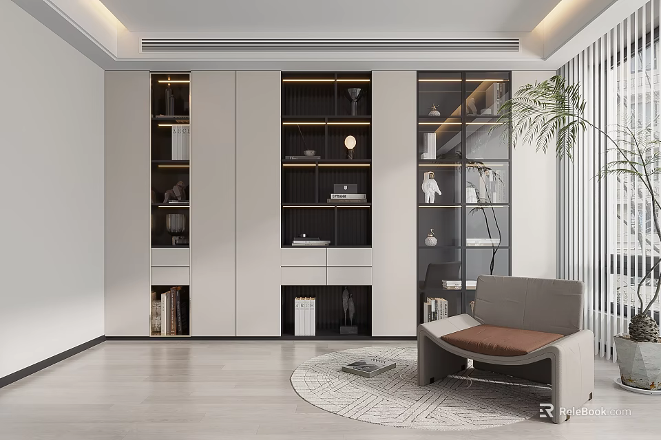 Modern Bookcase With Glass Doors Shelves And Decorative Items In Contemporary Living Room 3d model 