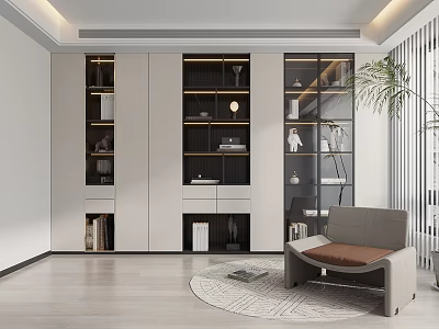 Modern Bookcase With Glass Doors Shelves And Decorative Items In Contemporary Living Room 3d model