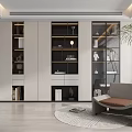 Modern Bookcase With Glass Doors Shelves And Decorative Items In Contemporary Living Room