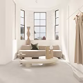 White Clothing Store Interior With Large Windows Sofa Small Table And Hanging Beige Dress