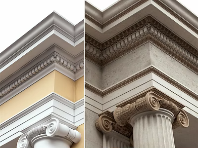 Classical Roman Columns Featuring Ornate Capitals Decorative Carvings And Architectural Facade Details 3d model