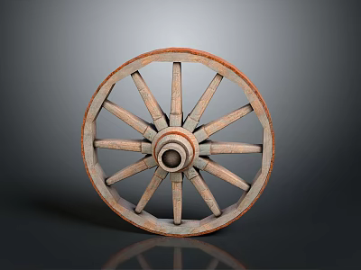 Vintage Wooden Cart Wheel With Spokes And Rustic Design On Reflective Surface 3d model