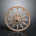Vintage Wooden Cart Wheel With Spokes And Rustic Design On Reflective Surface