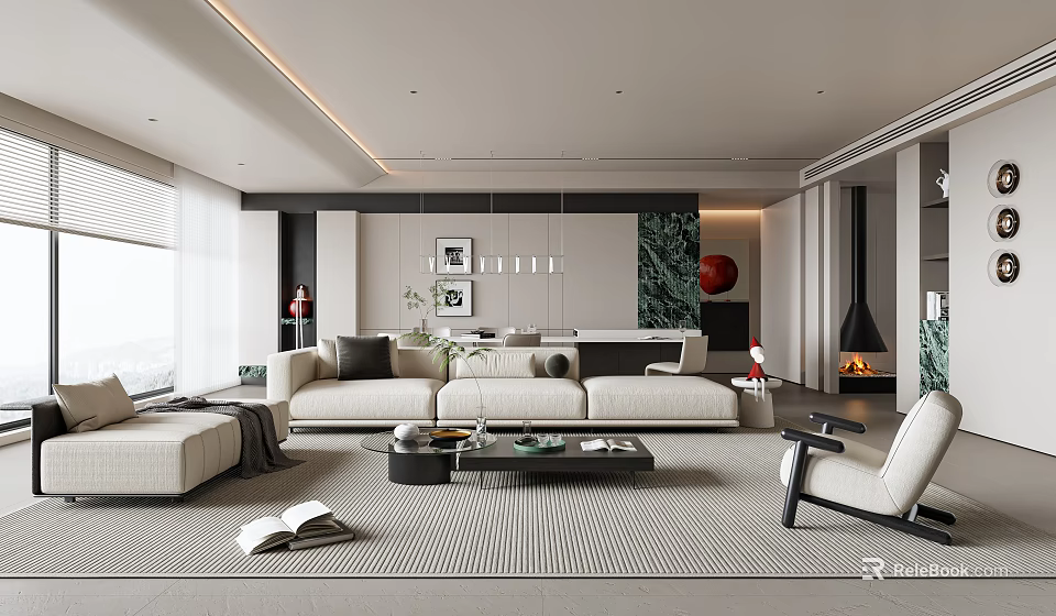 Modern Living Room Interior With Sofa Coffee Table Rug And Fireplace 3d model