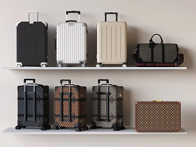 Various Stylish Suitcases and Bags on Shelves in Black White Beige Brown and Patterned Designs 3d model