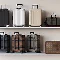 Various Stylish Suitcases and Bags on Shelves in Black White Beige Brown and Patterned Designs