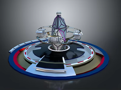 Rotating Display Equipment 3D Model Featuring Circular Multicolored Base And Central Spire Cabins 3d model