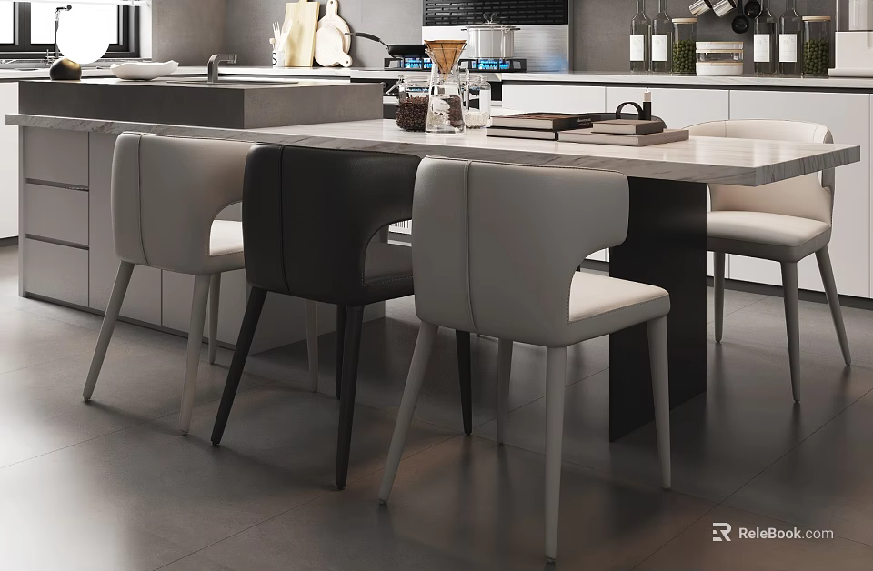 Modern Kitchen Table And Chair Set With Sleek Design And White Black Chairs 3d model 