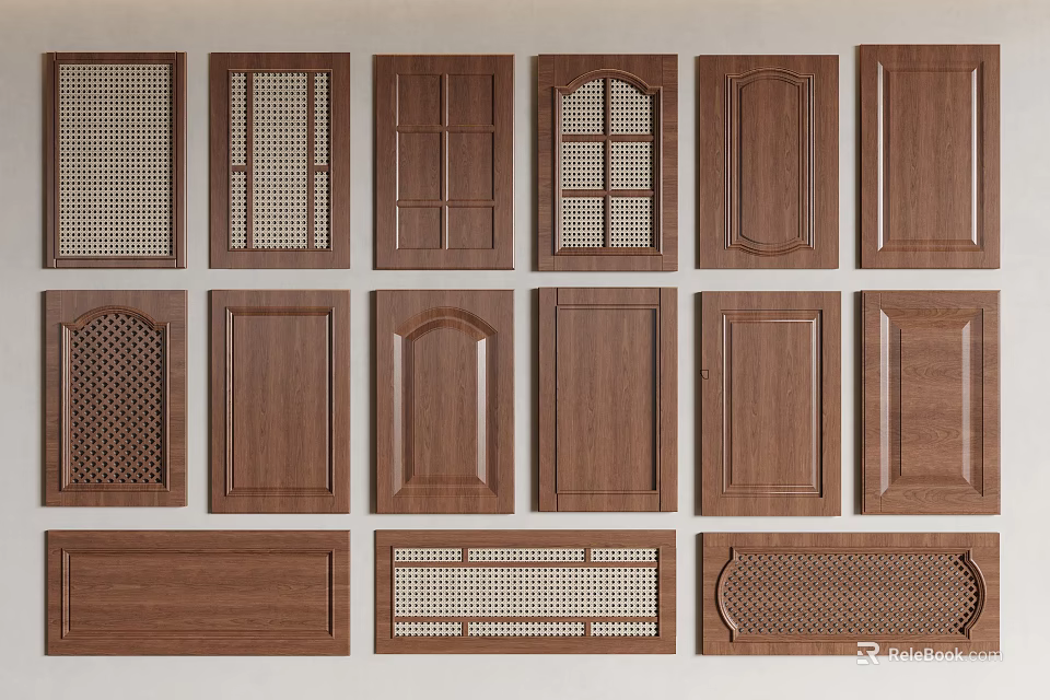 Wooden Wardrobe Doors With Various Designs Including Perforated And Flat Panels 3d model 