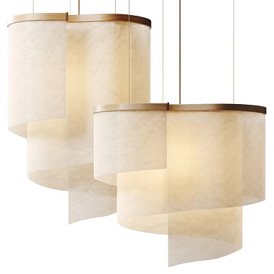 Modern Pendant Lights With Beige Fabric Shades And Wooden Trim For Interior Design 3d model