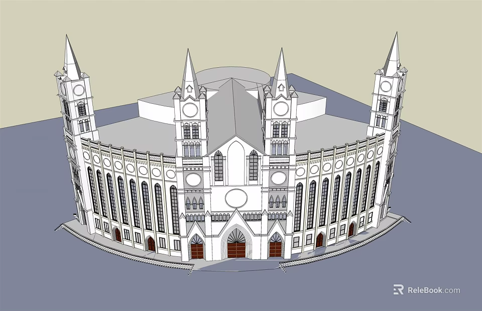 Ancient Architectural Design Featuring Circular Structure Spires Clock Towers Arched Windows And Doors 3d model