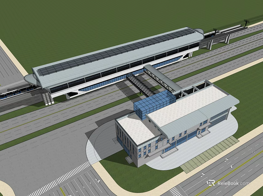 Modern Transport Hub With Long Platform Tracks And Surrounding Roads Green Areas 3d model 