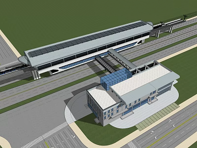 Modern Transport Hub With Long Platform Tracks And Surrounding Roads Green Areas 3d model