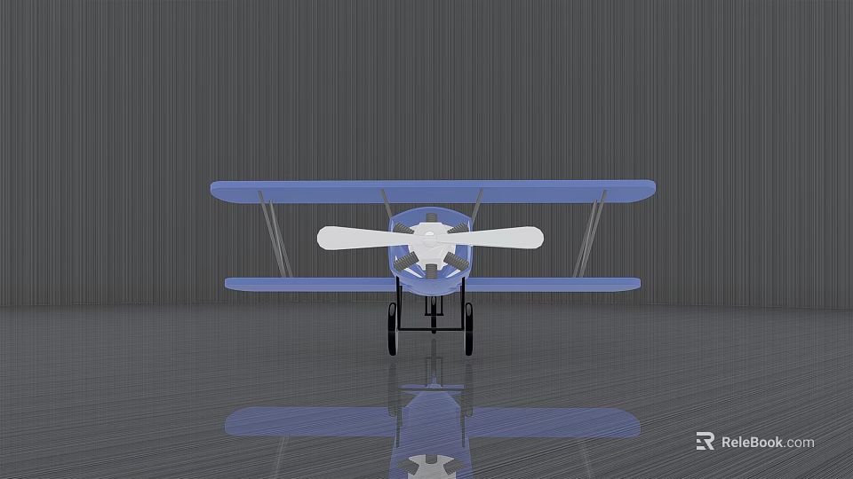 Blue Biplane Passenger Plane with White Propeller Parked on Gray Floor and Reflection 3d model 
