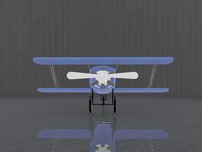 Blue Biplane Passenger Plane with White Propeller Parked on Gray Floor and Reflection 3d model