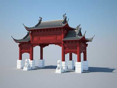 New Chinese style archway four-post double-row archway 3d model