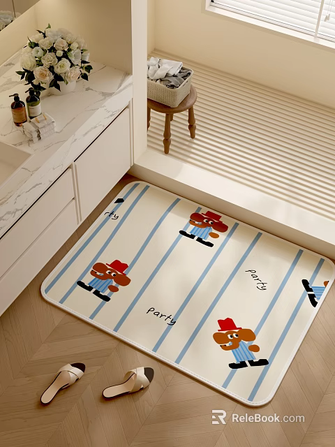 Bathroom Interior With Cartoon Bear Pattern Mat Party Text And White Vanity 3d model 