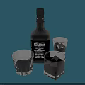 Dark Labeled Whiskey Bottle With Transparent Glasses And Ice Cubes On Blue Background