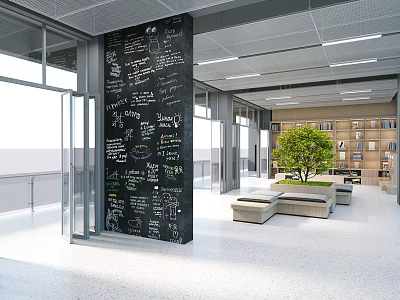 Modern School Interior With Blackboard Wall Bookshelves Green Plant And Bench Seating 3d model