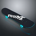 Black Skateboard With White Assassin Logo Blue Wheels And Reflective Surface 3d model