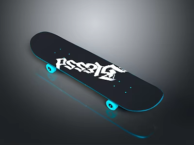 Black Skateboard With White Assassin Logo Blue Wheels And Reflective Surface 3d model