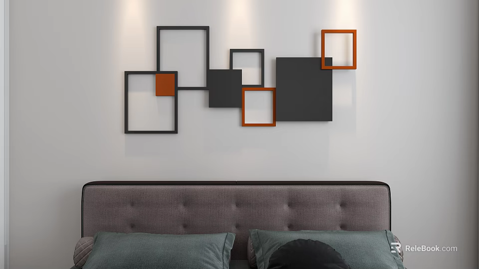 Modern Geometric Wall Decor with Black Orange Square Frames on White Bedroom Wall 3d model