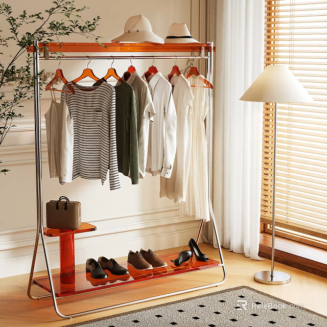 Clothing Rack With Hanging Clothes Brown Bag Shoes And Floor Lamp By White Wall 3d model 