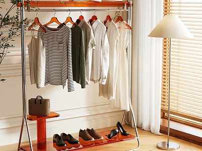 Clothing Rack With Hanging Clothes Brown Bag Shoes And Floor Lamp By White Wall 3d model