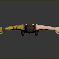 3D Rendered Character With Golden Mechanical Arm Gray Vest Red Pants And Brown Shoes