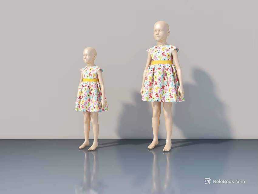 Two Small And Large Mannequins In Floral Dresses With Gray Background Reflections 3d model 