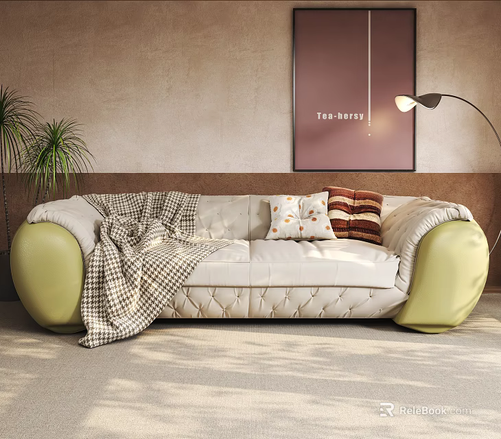 Beige Double Sofa With Green Arms Plaid Blanket Throw Pillows And Cozy Interior 3d model 