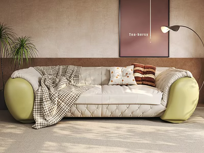 Beige Double Sofa With Green Arms Plaid Blanket Throw Pillows And Cozy Interior 3d model