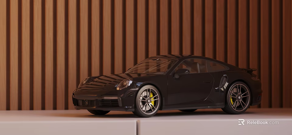 Decorative Ornament Set with Black Sports Car Model on White Display Stand Wooden Striped Wall 3d model 