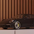 Decorative Ornament Set with Black Sports Car Model on White Display Stand Wooden Striped Wall
