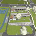 Modern School Building Design With Green Roof And Surrounding Trees And Roads