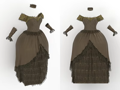 Brown Victorian Style Dresses with Off Shoulder Design and Lace Trim Paired with Matching Gloves 3d model