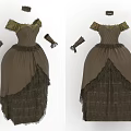 Brown Victorian Style Dresses with Off Shoulder Design and Lace Trim Paired with Matching Gloves