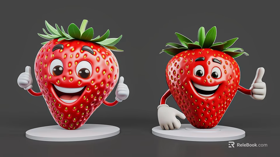 Cute Strawberry Shaped Pendants With Smiling Faces Green Leaves And White Gloved Hands 3d model 