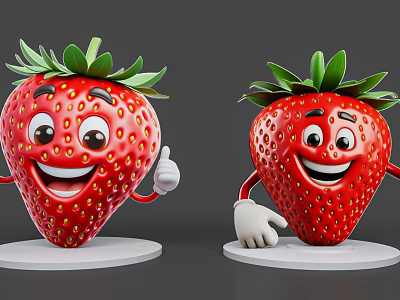 Cute Strawberry Shaped Pendants With Smiling Faces Green Leaves And White Gloved Hands 3d model