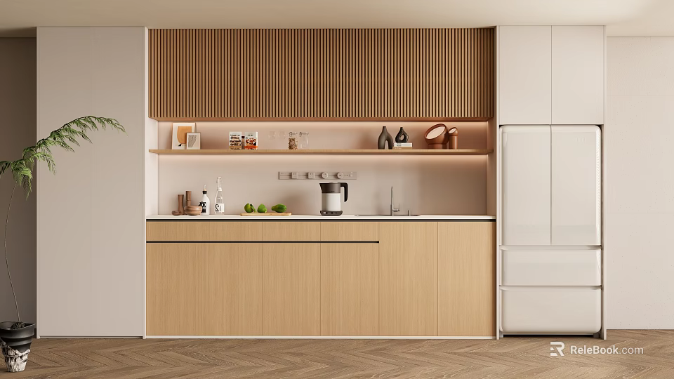 Modern Wooden Wine Cabinet In Kitchen Featuring Shelves With Wine Bottles And Glasses 3d model 