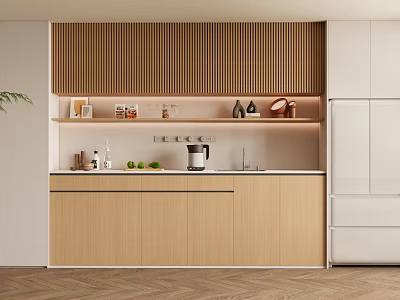 Modern Wooden Wine Cabinet In Kitchen Featuring Shelves With Wine Bottles And Glasses 3d model