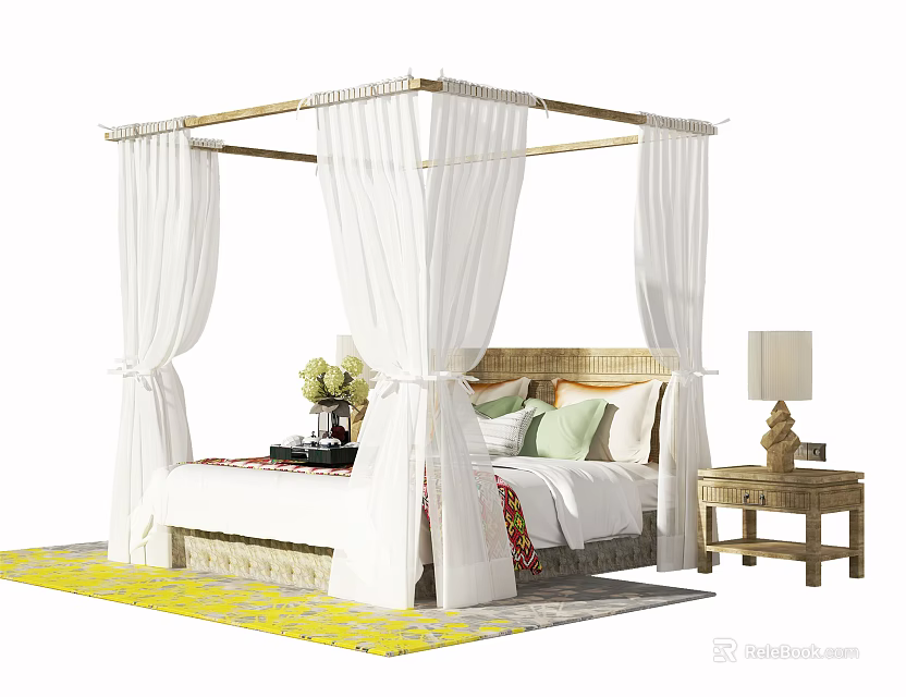 Four Poster Double Bed With White Canopy Rattan Headboard Wooden Nightstand Lamp On Yellow Rug 3d model 